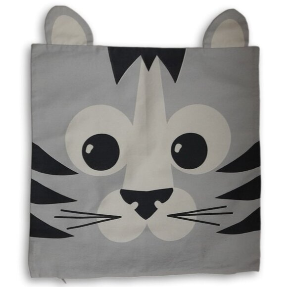 H&M 100% Cotton Square Cushion Cover Tiger Wild Cat Kids Room Gray Black White - Picture 1 of 9